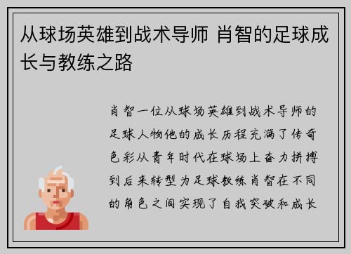 从球场英雄到战术导师 肖智的足球成长与教练之路